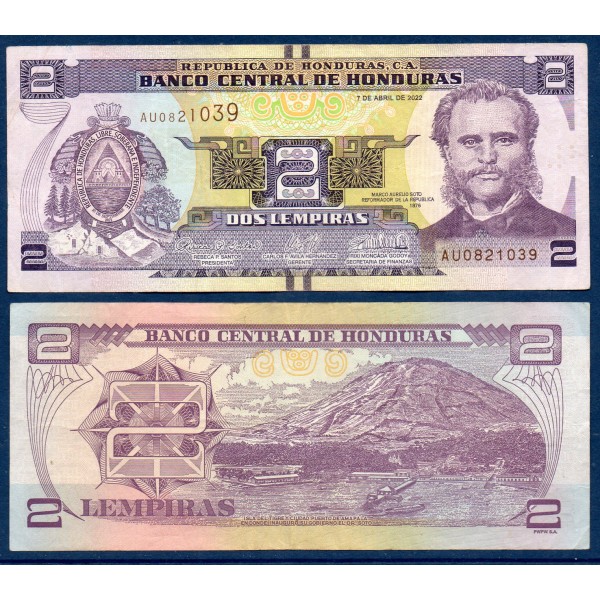 Honduras P.97e, TTB Billet de 2 Lempiras 2022 Marco Aurelio Soto