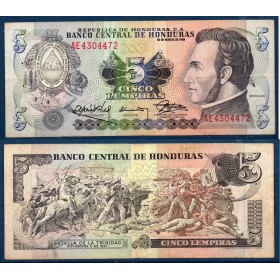 Honduras P.63b, TTB Billet de 5 Lempiras 1985-1989 Morazan