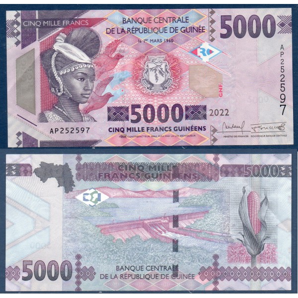 Guinée P.49d, TTB, Billet de 5000 Francs 2022 Maïs