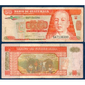 Guatemala P.84, TB Billet de 50 Quetzales 1992 Carlos Zachrisson