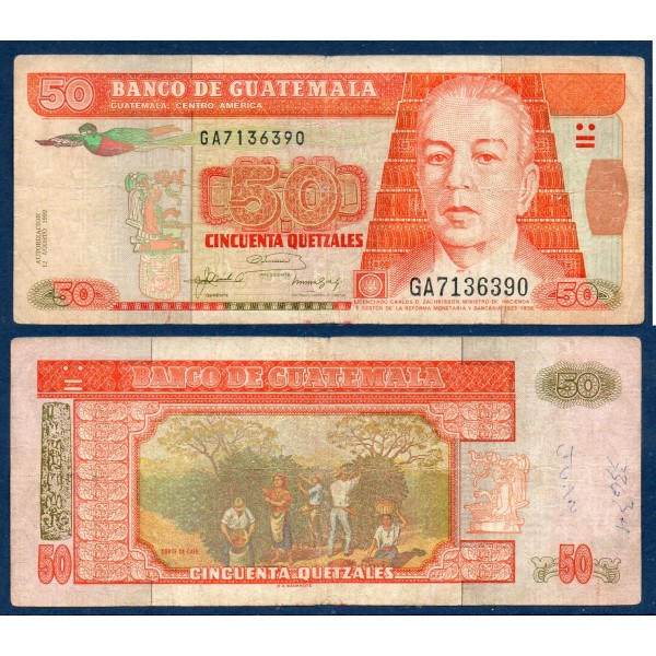 Guatemala P.84, TB Billet de 50 Quetzales 1992 Carlos Zachrisson