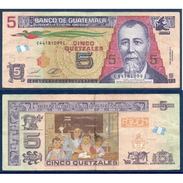 Guatemala P.122Ag, TTB Billet de 5 Quetzales 2022 Justo Rufino Barrios