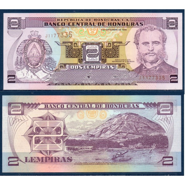 Honduras P.80Aa, neuf Billet de 2 Lempiras 1998 Marco Aurelio Soto