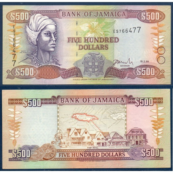 Jamaique P.77b, TTB Billet de 500 dollars 1996-1999 Nanny