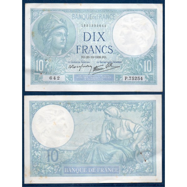 10 Francs Minerve, Sup, 26.10.1939 Billet de la banque de France