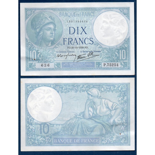 10 Francs Minerve, Spl, 26.10.1939 Billet de la banque de France