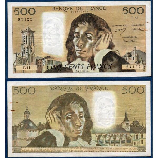 500 Francs Pascal , TB+, 5.9.1974, Billet de la banque de France