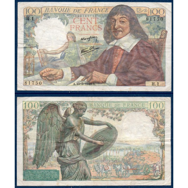100 Francs Descartes, TB+, 15.5.1942 Billet de la banque de France