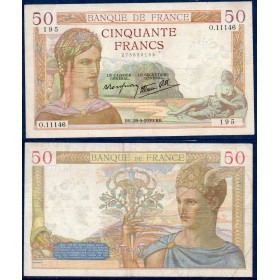 50 Francs Cérès, TB+, 28.09.1939, Billet de la banque de France