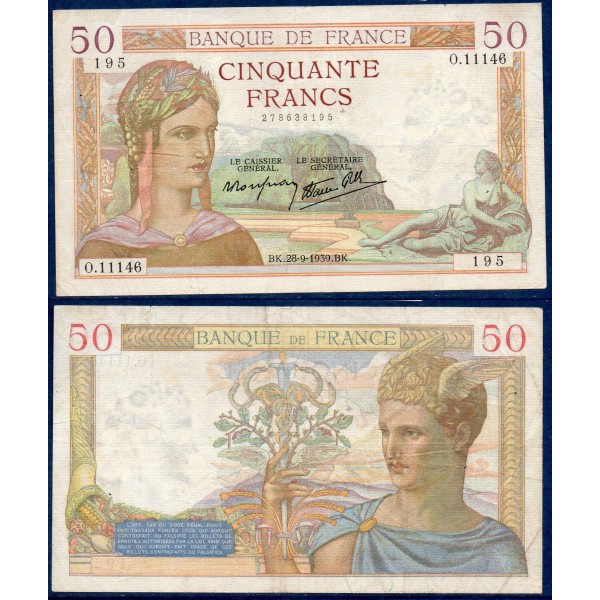 50 Francs Cérès, TB+, 28.09.1939, Billet de la banque de France