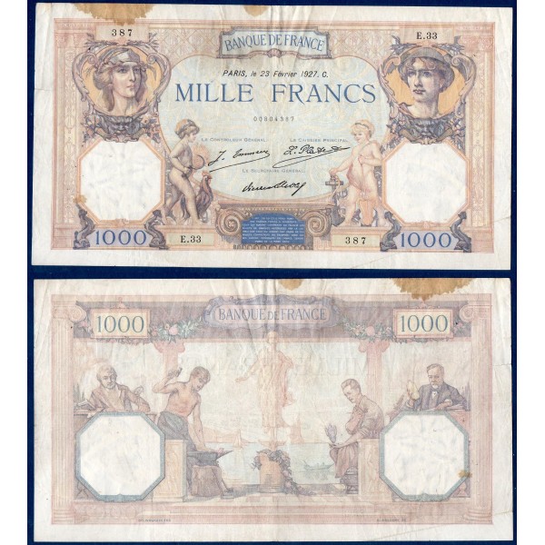 1000 Francs Cérès et Mercure, TB, 23.2.1927, Billet de la banque de France