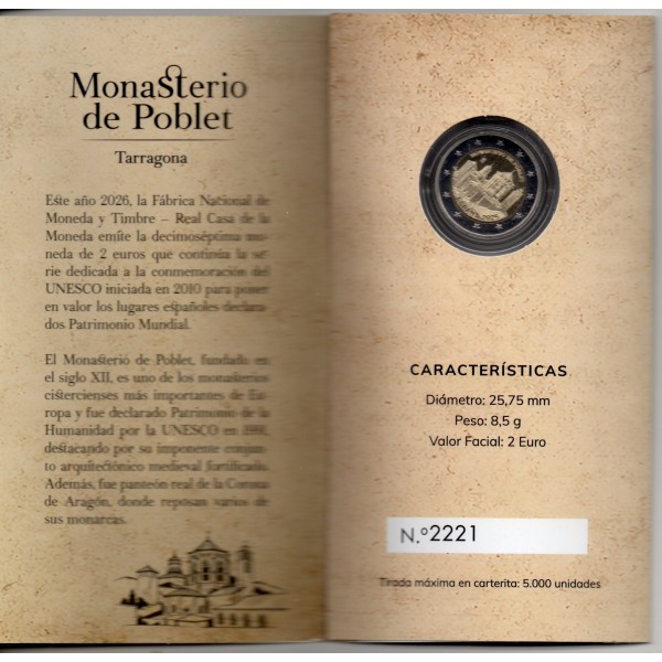 2 euro commémorative, Espagne 2026, Monastère de Poblet, BE sous blister