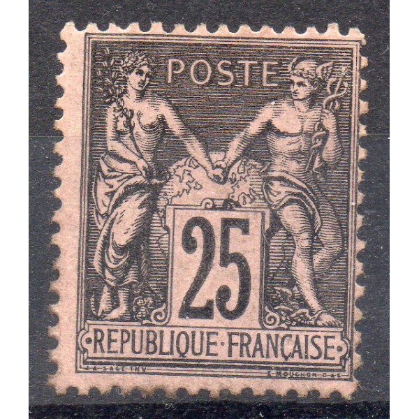 Timbre France Yvert No 97a Type II Sage 25c noir s. rose foncé Neuf * sur charnière
