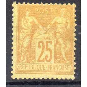 Timbre France Yvert No 92* Type II Sage 25c bistre s. jaune neuf avec trace de charnière
