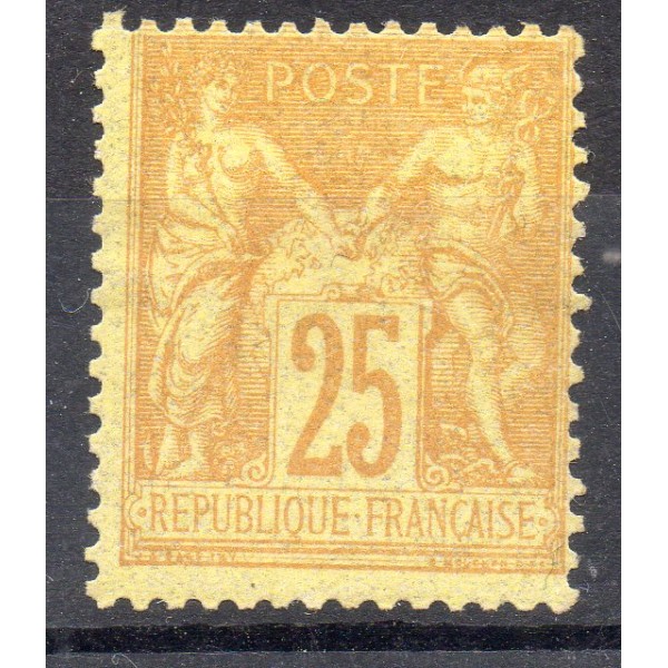 Timbre France Yvert No 92* Type II Sage 25c bistre s. jaune neuf avec trace de charnière