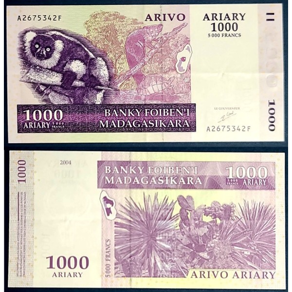 Madagascar P.89a, TTB, Billet de 1000 Ariary : 5000 Francs 2004 Sisal