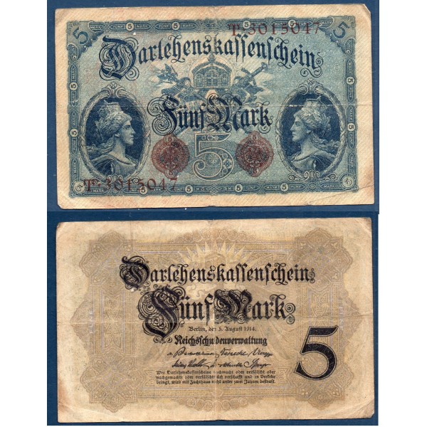Allemagne P.47b, TB Billet de 5 Mark 1914 Germania