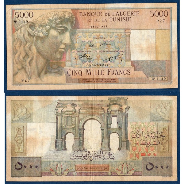 Algérie P.109b, TB, Billet de 5000 francs 24.2.1953 Apollon