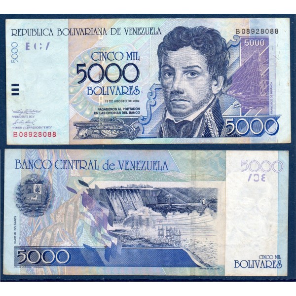 Venezuela P.84b, TTB Billet de 5000 Bolivares 2002 Francisco de Miranda