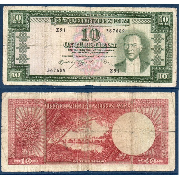 Turquie P.160a, B Billet de 10 Lirasi 1930 Pont Riviere Meric