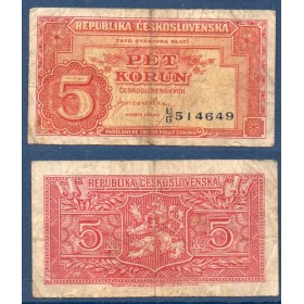 Tchécoslovaquie P.59a, B Billet de 5 Korun 1945