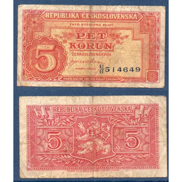 Tchécoslovaquie P.59a, B Billet de 5 Korun 1945