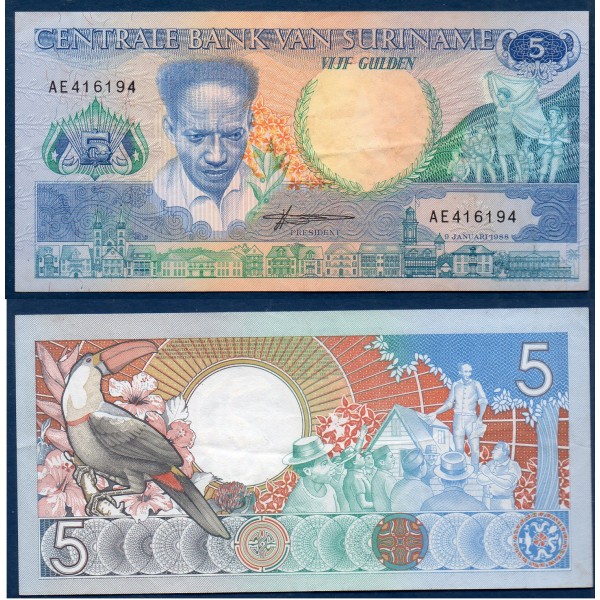 Suriname P.130b, TTB Billet de 5 Gulden 1988 Anton de Kom