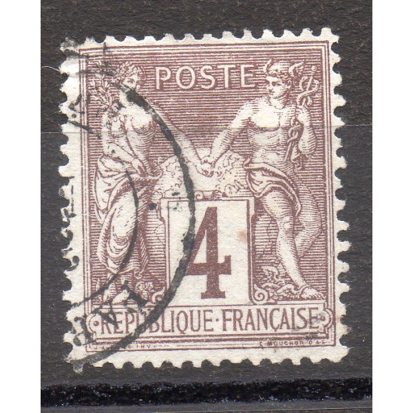 Timbre France Yvert No 88 Type II Sage 4c lilas-brun Oblitéré