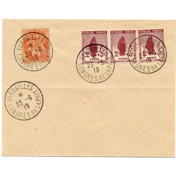 Rare enveloppe avec bande de 3 timbres orphelins de la guerre France 148 Timbre brun lilas oblitérés congrès de la paix