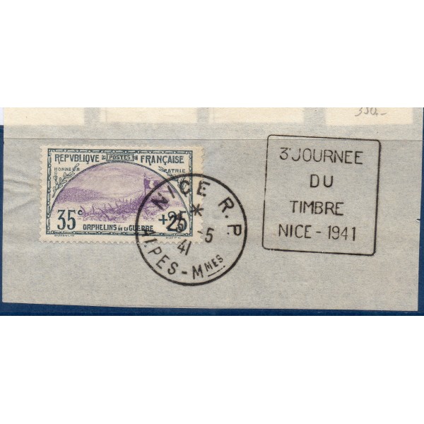 Timbre France Yvert No 152 Orphelin de la Guerre Ardoise et Violet oblitéré sur fragment