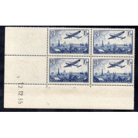 Bloc de 4 coin daté du timbre France Poste Aérienne Yvert 9 avion survolant Paris 1.50fr bleu neuf **