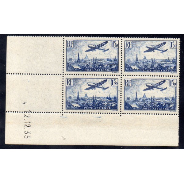 Bloc de 4 coin daté du timbre France Poste Aérienne Yvert 9 avion survolant Paris 1.50fr bleu neuf **