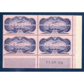 Bloc de 4 coin daté du rare timbre France Poste Aérienne Yvert 15 caudron simoun sur Paris burelé 50f outremer neuf **
