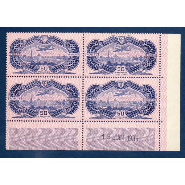 Bloc de 4 coin daté du rare timbre France Poste Aérienne Yvert 15 caudron simoun sur Paris burelé 50f outremer neuf **