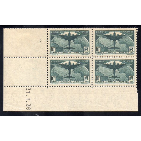 Bloc de 4 coin daté du timbre France Yvert No 321 Traversée de l'atlantique sud vert 2t neuf * avec charnière 2t neufs**