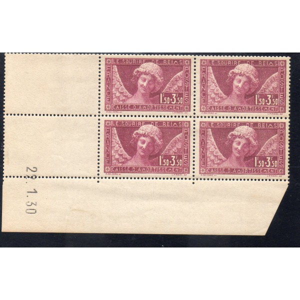 Bloc de 4 coin daté du timbre France Yvert No 256 L'ange au sourire Reims 3t neuf ** 1t neuf*