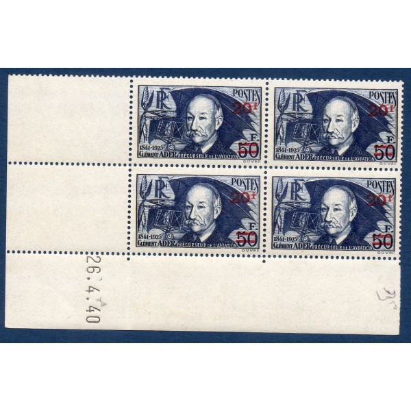 bloc de 4 coin daté du timbre France Yvert No 493 Clement Ader neuf luxe**