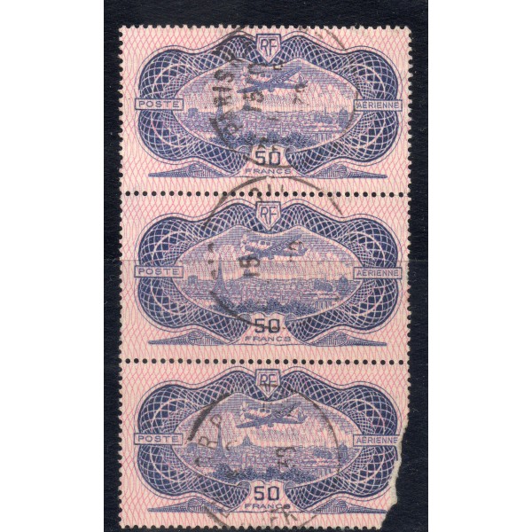 bande de 3 timbres France Poste Aérienne Yvert 15 caudron simoun sur Paris burelé 50f outremer oblitéré