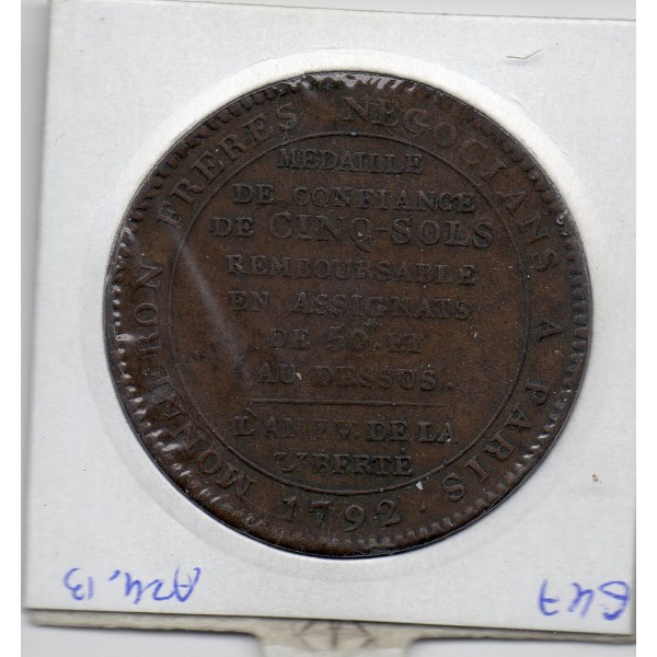 Monneron 5 sols Type IIf 1792 TB+, monnaie de confiance