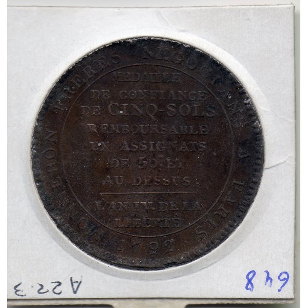Monneron 5 sols Type IId 1792 TB+, monnaie de confiance