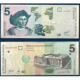 El Salvador P.147b, TB Billet de 5 colones 1997-1998 Colomb