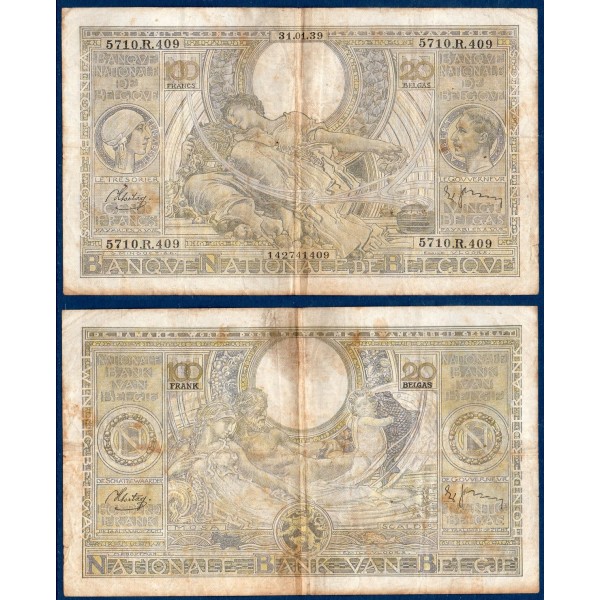 Belgique Pick N°107, B Billet 100 Francs 20 Belgas 1938 Albert
