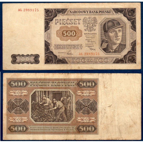 Pologne P.140, TB Billet de 500 Zlotych 1948 Mineur