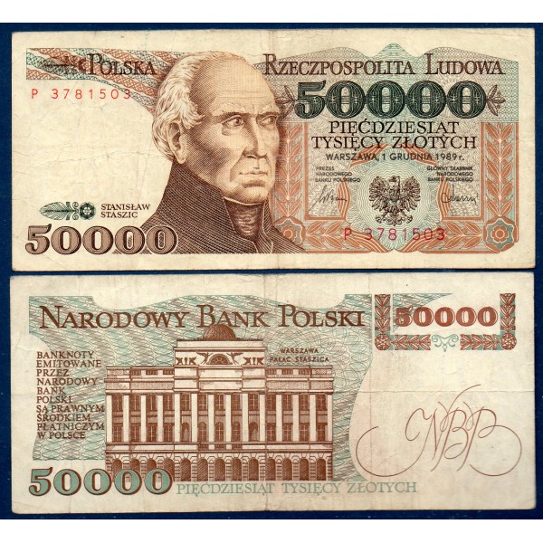 Pologne P.153a, TB, Billet de 50000 Zlotych 1989 Staszic