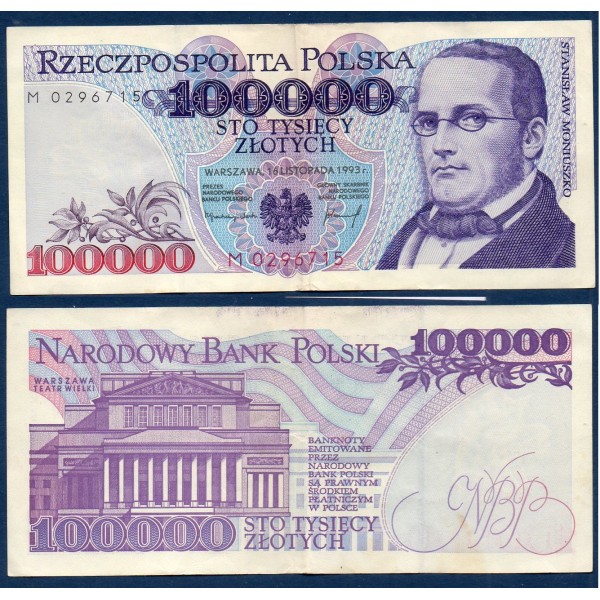 Pologne P.160a, TTB Billet de 100000 Zlotych 1993  Stanisław Moniuszko