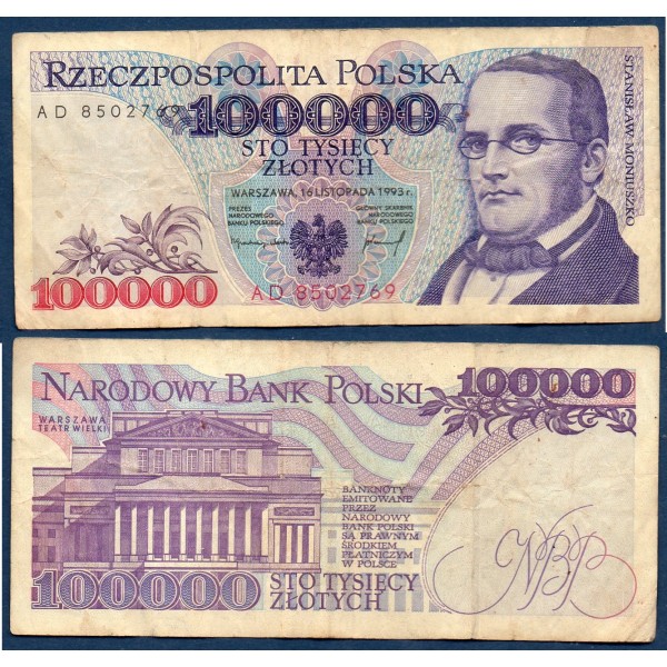 Pologne P.160a, TB Billet de 100000 Zlotych 1993  Stanisław Moniuszko