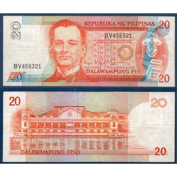 Philippines P.170b, TTB Billet de 20 Piso 1985-1994 Manuel Quezon