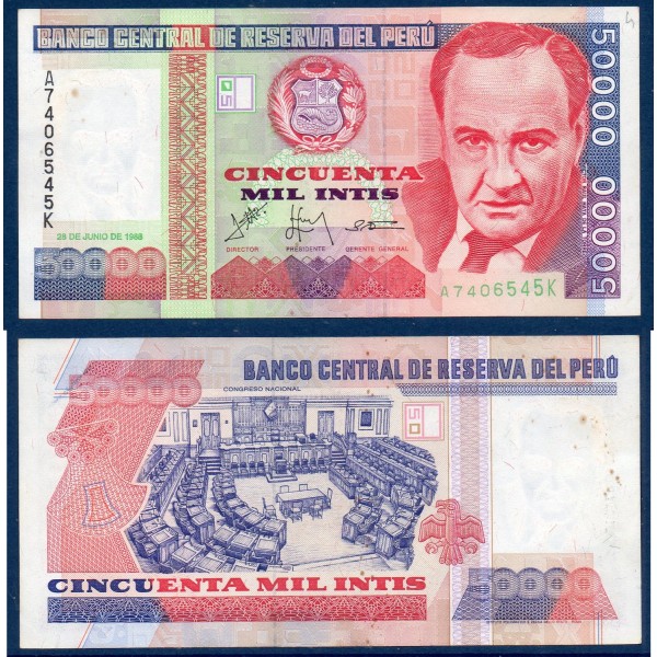 Perou P.142, Sup Billet de 50000 Intis 1988 Haya de la Torre