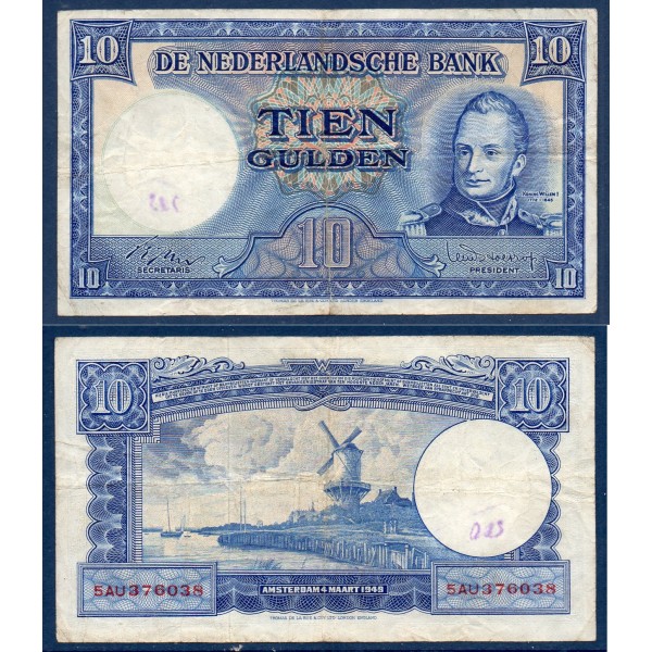 Pays Bas P.83, TB écrit, Billet de 10 Gulden 1949 Willem I