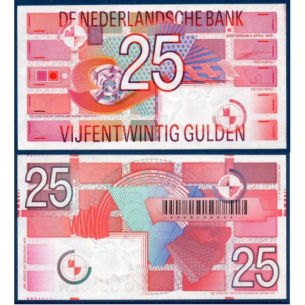 Pays Bas P.100, neuf, Billet de 25 Gulden 1989 Rose